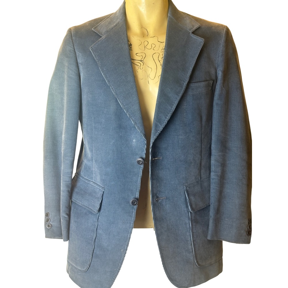 Vintage Blue Corduroy Blazer Mens Sport Coat 2 Button Dark Academia 70s Retro